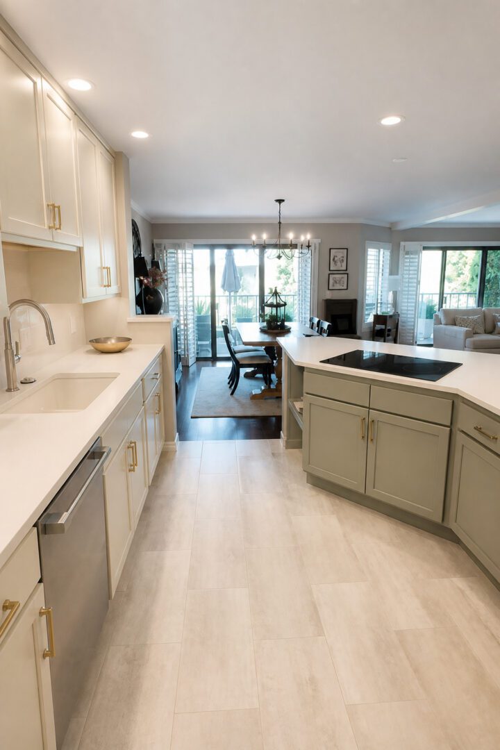 Completed Lion Heart kitchen with a sage island, white counters, and open dining.
